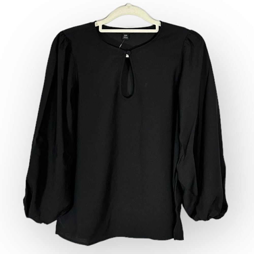 J.Crew Blouse Women's LT Black Keyhole Front 3/4 Balloon Sleeves Pullover NWT